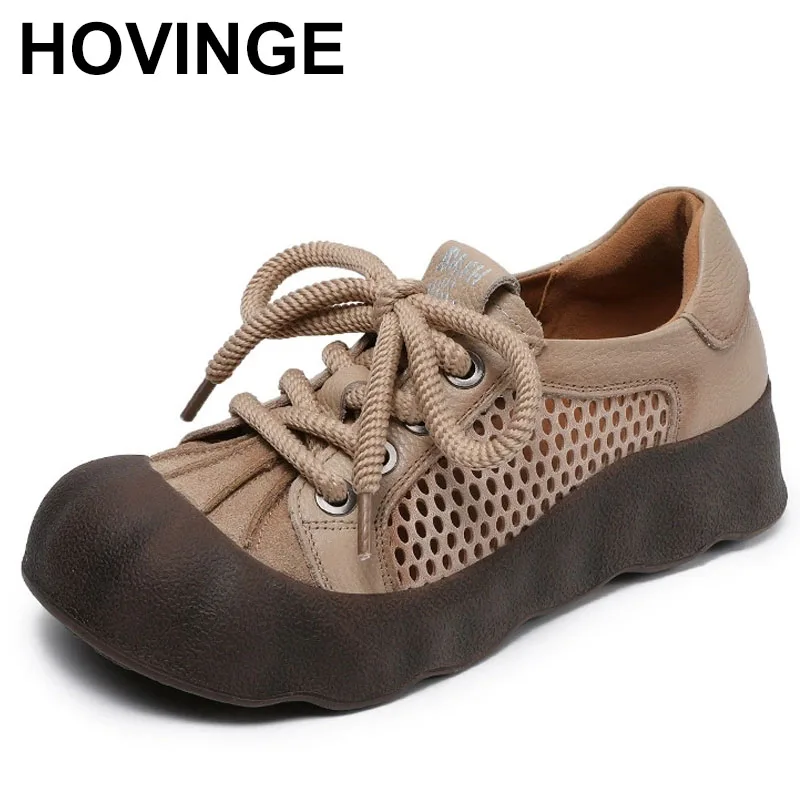 

4cm Air Mesh Genuine Leather Women Summer Ethnic Shoes Flats Hollow Pumps Platform Wedge Sandals