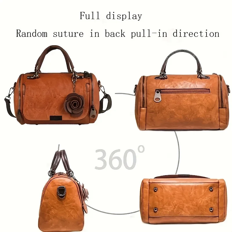 Tas Tangan Boston Vintage Besar - Tas Selempang PU Warna Solid dengan Penutup Ritsleting, dan Liontin Bunga - Sempurna untuk Penggunaan Sekali Saja