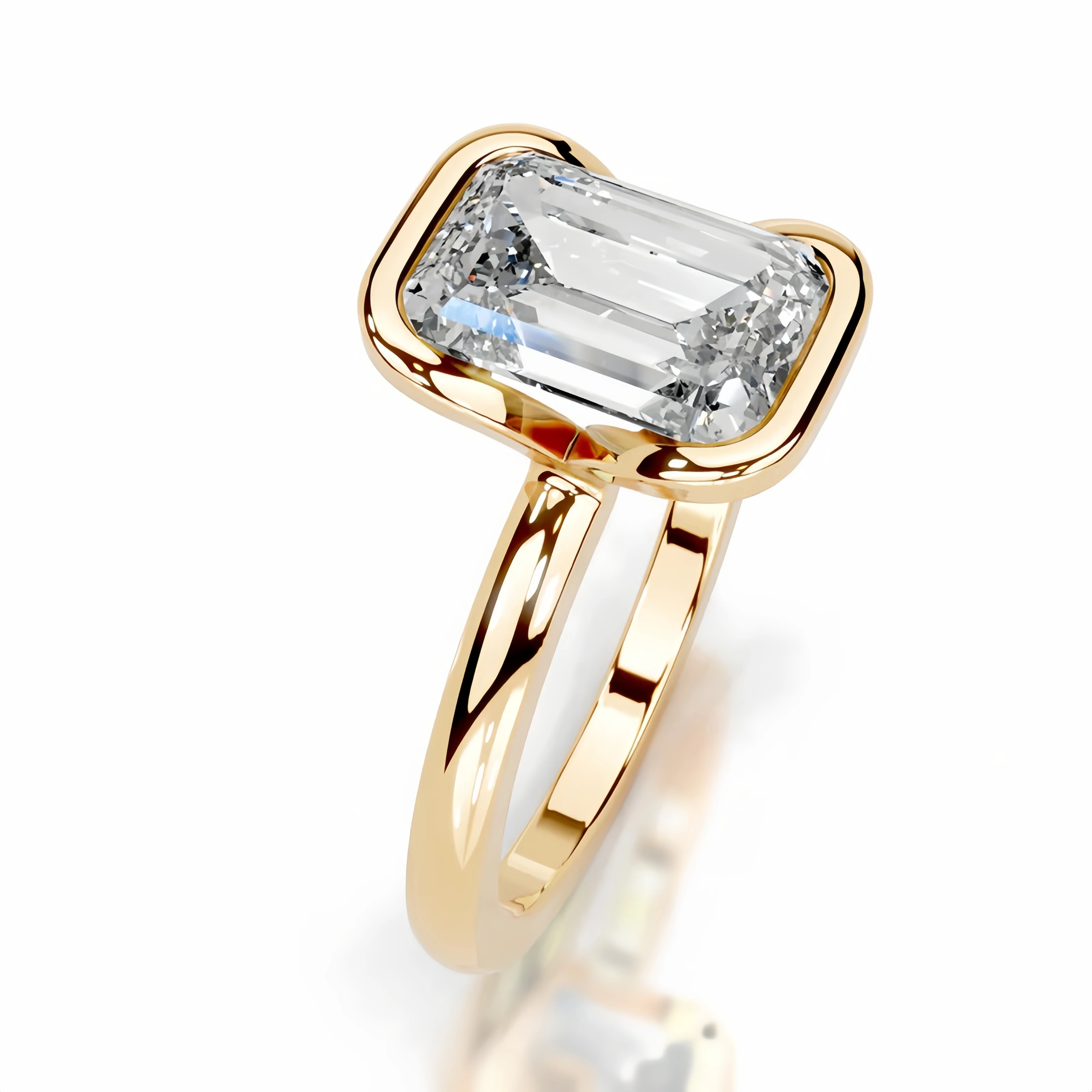 GEM'S BALLET 2CT 6x8mm Emerald Cut Moissanite Half Bezel Engagement Ring in 18K Gold Over 925 Sterling Silver Gift For Her