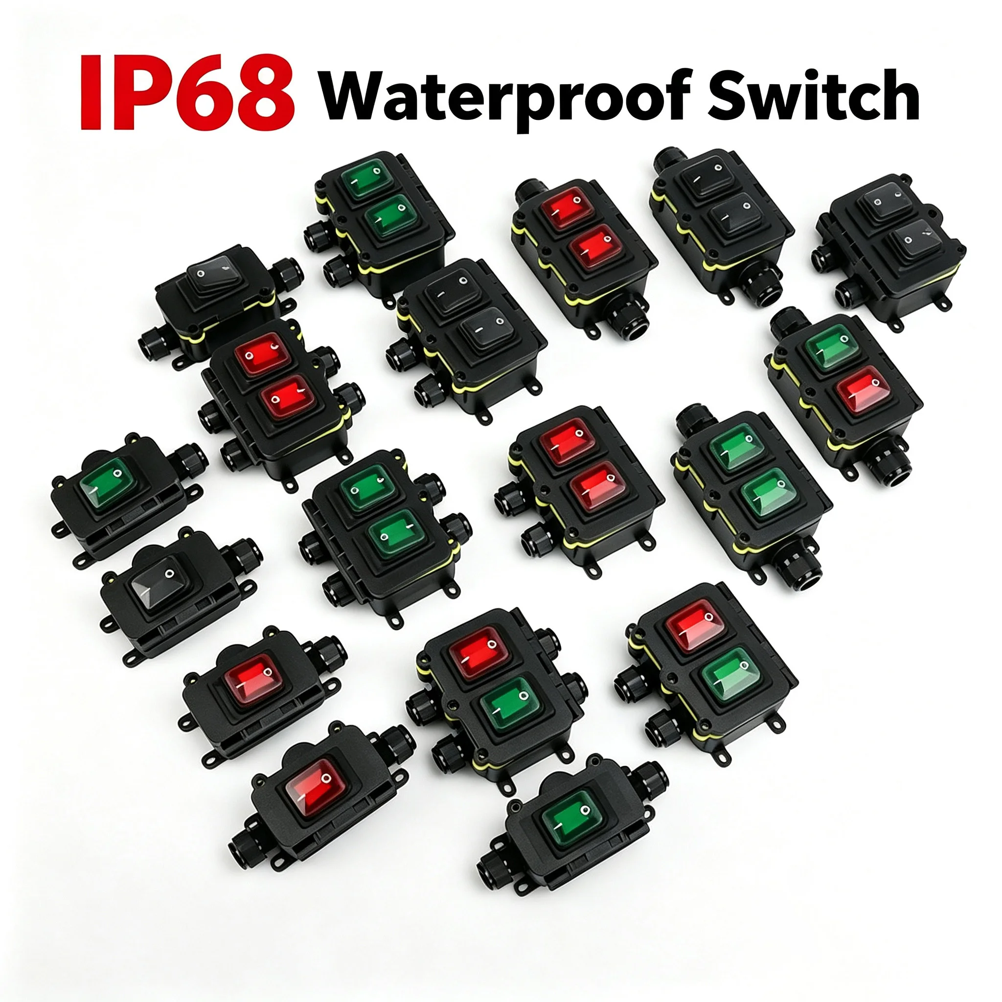 IP68 Waterproof Inline Cord Rocker Switch Box with Optional LED Indicator Single/Dual on off 16A 30A for 24V 220V Outdoor Garden