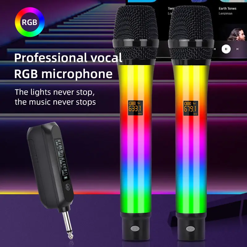 RGB Color Wireless Dynamic Microphone Portable Handheld LED Light Karaoke Microphone Noise Reduction UHF Recording Laser