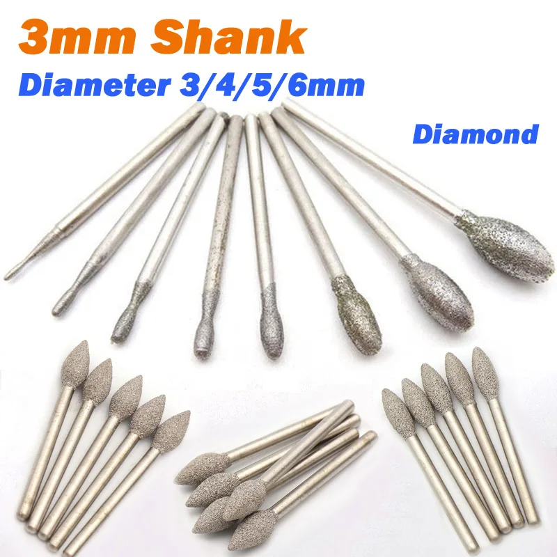 Diamond Grinding Burr 3mm Shank 3/4/5/6mm Diameter Olive Shape Stone Carving Bits Drill Grinding For Polishing Rotary Tool