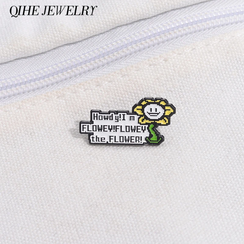 Howdy I'm Flowey Flowey The Flower Brooch Enamel Pins Cartoon Pixel Plant Metal Brooch Lapel Backpack Badges Jewelry Accessories