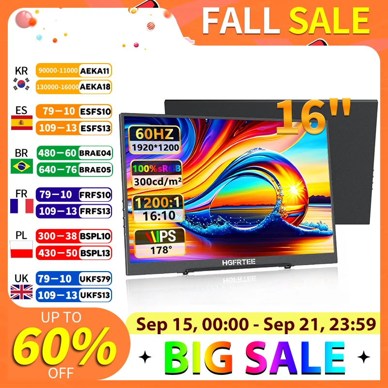 HGFRTEE Monitor portátil de 16 pulgadas FHD IPS 100% sRGB 300cd/m2 PC juego pantalla extendida portátil segunda pantalla con VESA y soporte