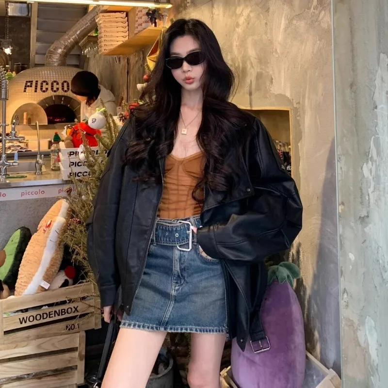 Kurtka damska w stylu koreańskim, czarna, retro, motocyklowa, z kołnierzem, ze skóry PU, nowa kolekcja jesień-zima 2025, odzież damska.