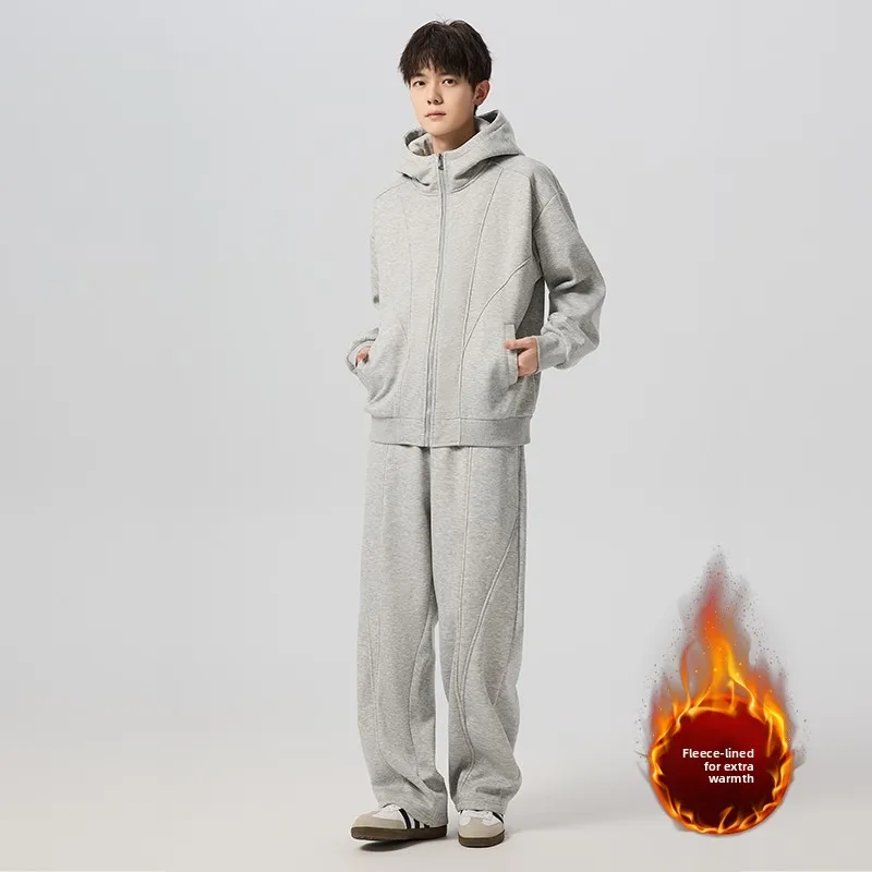 

Men's Fce Lined Hoodie And Pants Set 607 High Quali Autumn Winter Casual Sportswear Long Sve Seven ket Sweatpants
