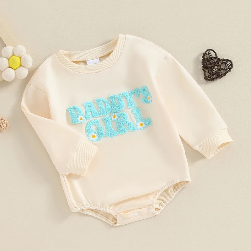 

Baby Girls Cute Romper Long Sleeve Daddys Mamas Girl Letter Embroidery Sweatshirt Bubble Jumpsuit Spring Outfit