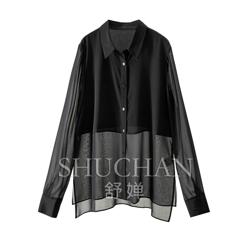 Light luxury high-end light and slightly transparent silk double crepe and georgette long-sleeved shirt women