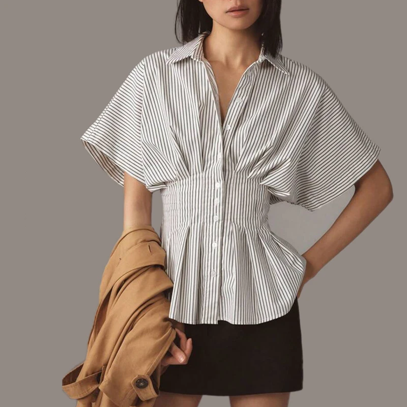 

New Women's Striped Casual Blouses 2026 Waist-cinching Short Sleeve Tops Fashion Lapel Single Breasted Shirts Female T-Shirt