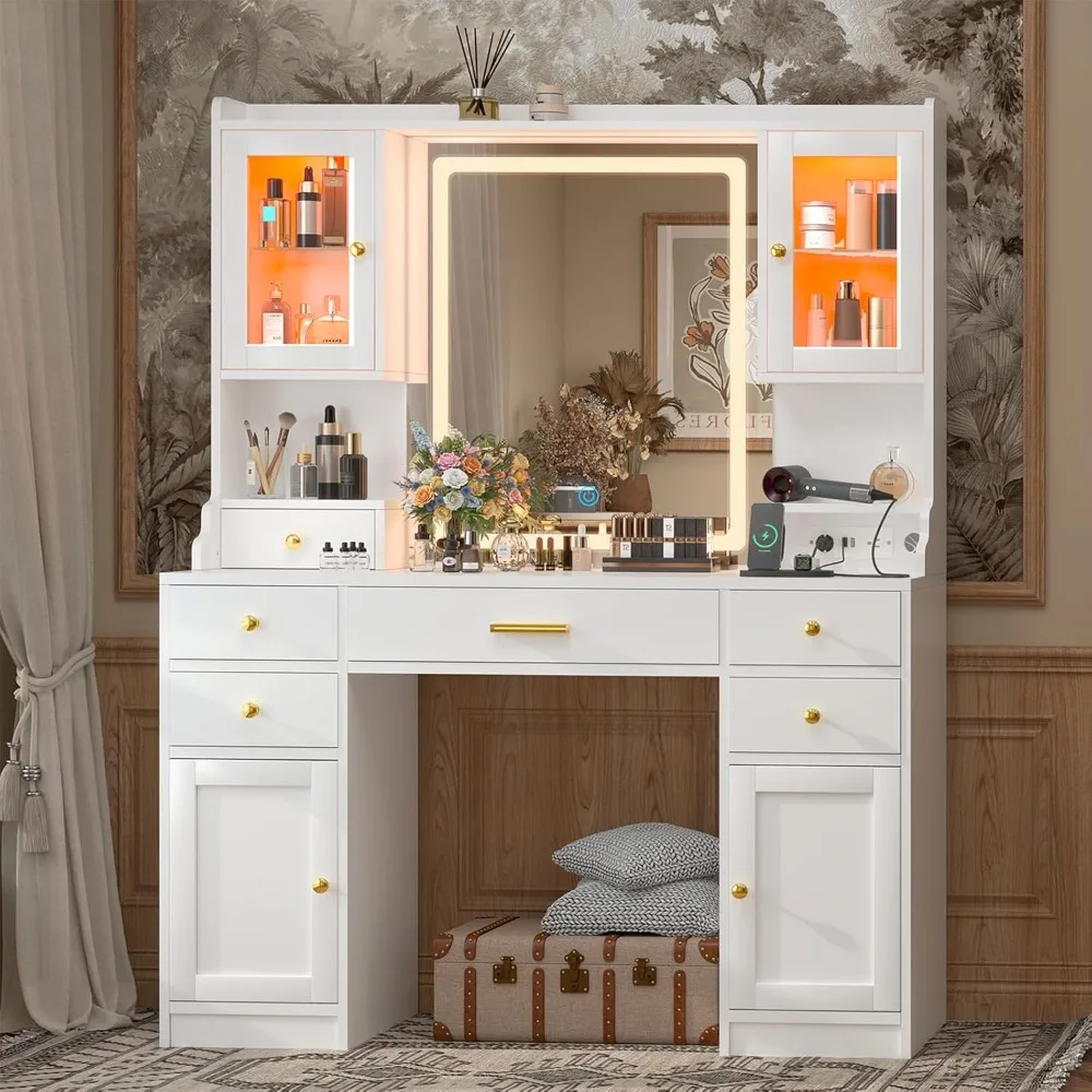 White Vanity Desk with Mirror,Lights and Charging Station,Make Up Vanity Mirror with 3 Lights Mode and Brightness Adjusted