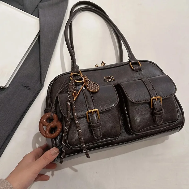 حقيبة كتف نسائية متعددة الجيوب مع أجهزة وحروف ذهبية اللون، محفظة حقيبة يد أنيقة للسفر والعمل والتسوق والتواريخ