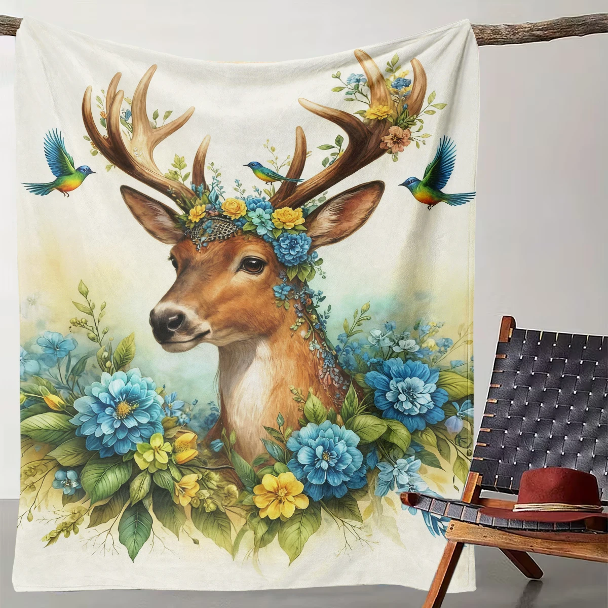 

1 Floral Watercolor Deer Blanket Artistic Flower and Bird Decorative Flannel Throw Blanket