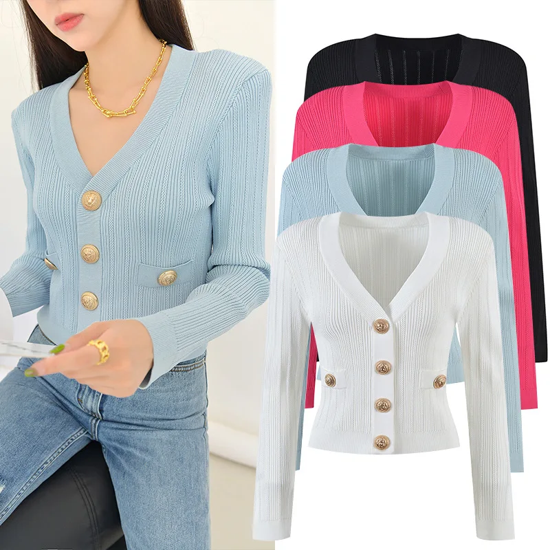 

Early Autumn Women's Knitted Long Sve Top Metal Button Multi-Color Knitwear Ele Commute Sle Bright Tead Detail