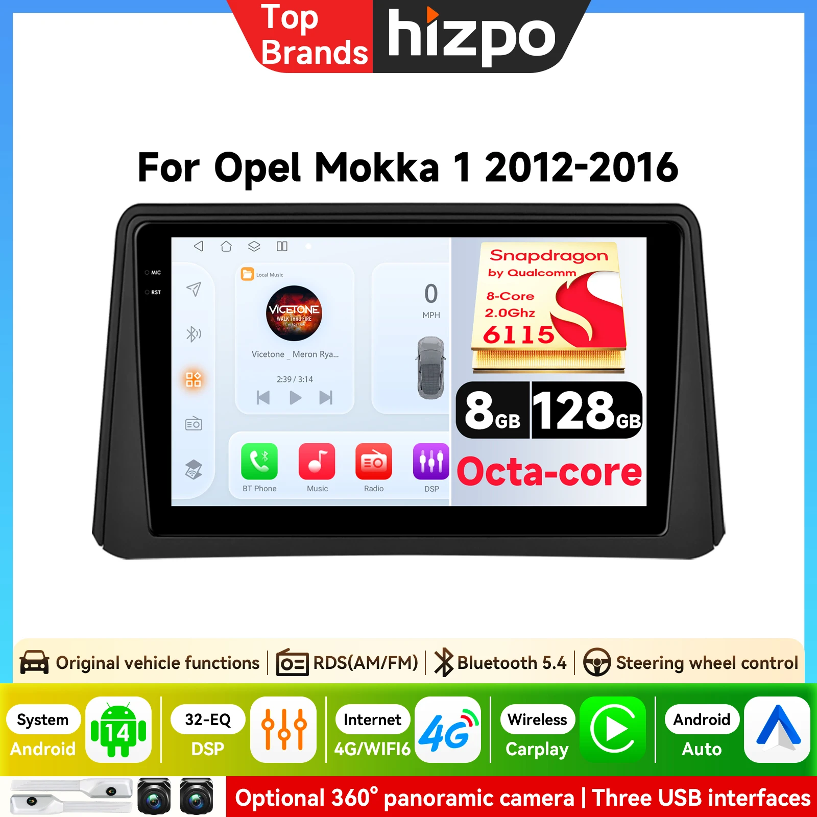 Autoradio Hizpo con CarPlay e Android Auto wireless per Opel Mokka 2012-2016, sistema multimediale 2 DIN con ventola di raffreddamento integrata, navigazione GPS, controllo al volante, Bluetooth, FM,