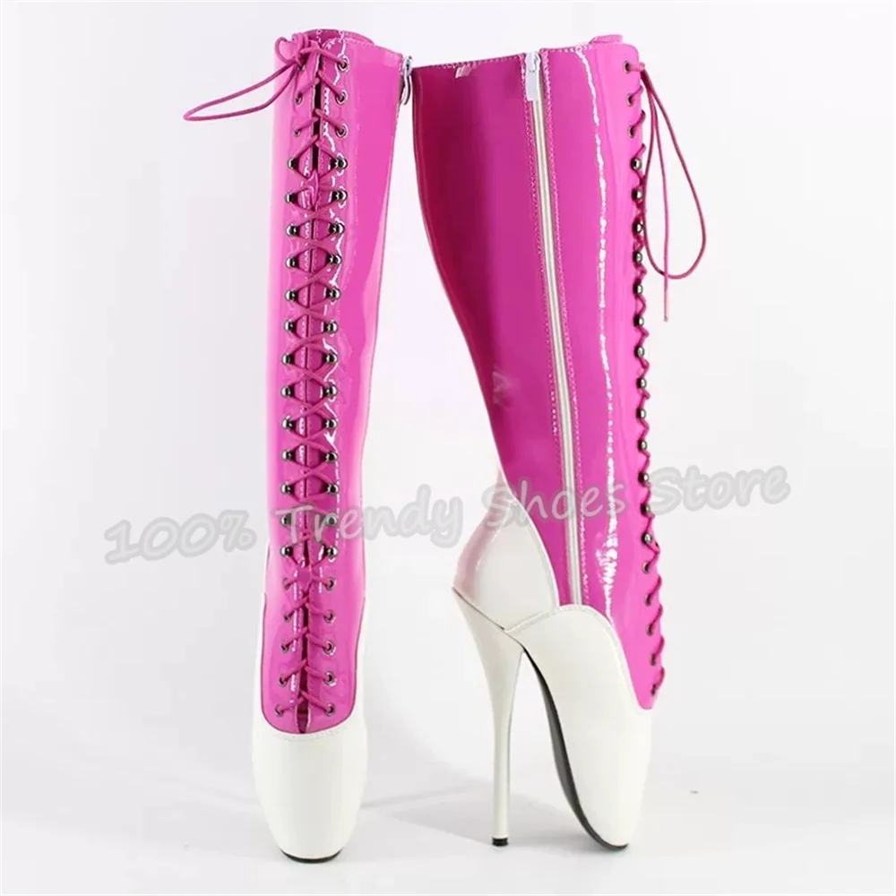 Sexy Super High Heel Women Ballet Boots Mixed Color Lace Up Side Zipper Knee High Boots Unisex Pole Dance Party Dress Shoes
