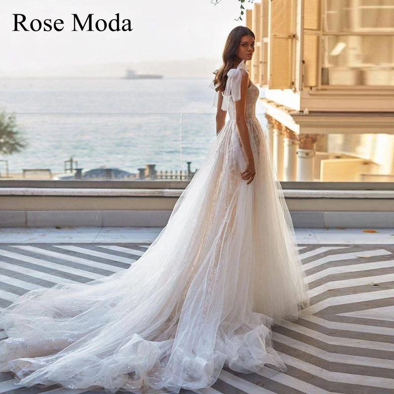 

Rose Moda Ivory and Champagne Embroidery Lace Boho Wedding Dress with Bow Straps Custom Make