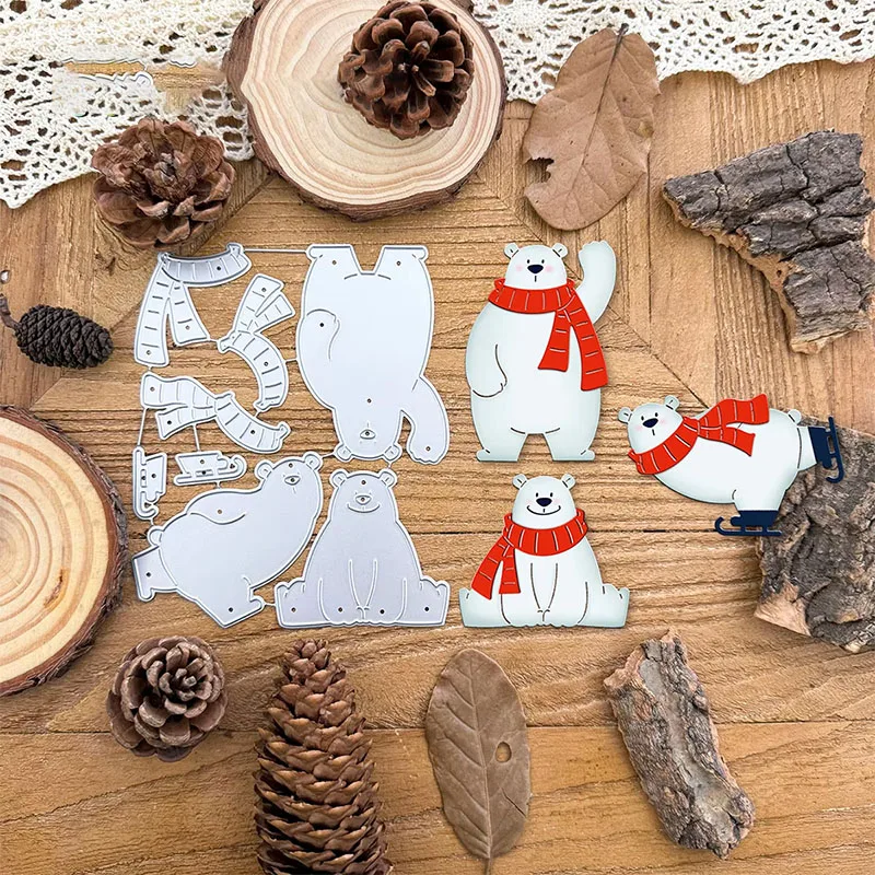 Cute Polar Bear Scarf Sled Combination Metal Cutting Dies Winter Theme DIY Scrapbooking Card Craft Dies