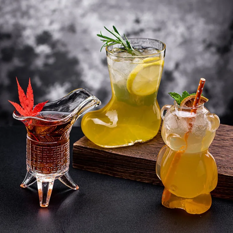Fun shaped glass cups, uniquely designed beverage cups, cocktail iced coffee juice cups suitable for bar parties and home decor
