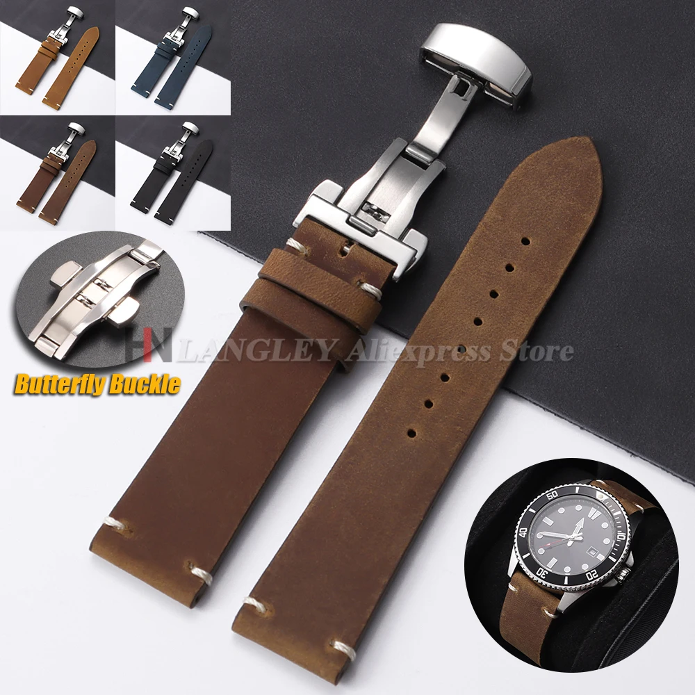 Vintage Cowhide Watch Strap 18mm 20mm 21mm 22mm 24mm for Samsung Watch 7/6/5 Butterfly Buckle Brown Bracelet for Omega for Seiko