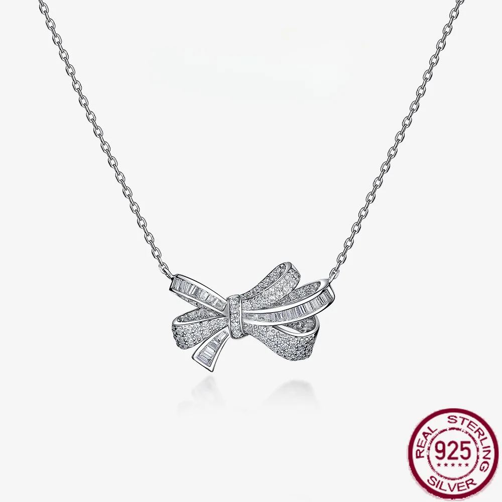 S925 silver new bow silver pendant temperament necklace light luxury ins style collarbone chain engagement jewelry