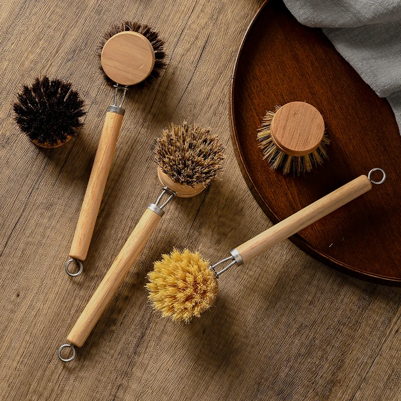 Eco-Friendly Wooden Long Handle Cleaning Brush - Detachable Natural Bristle Head for Pots Bowls, Non-Scratch Kitchen Tool