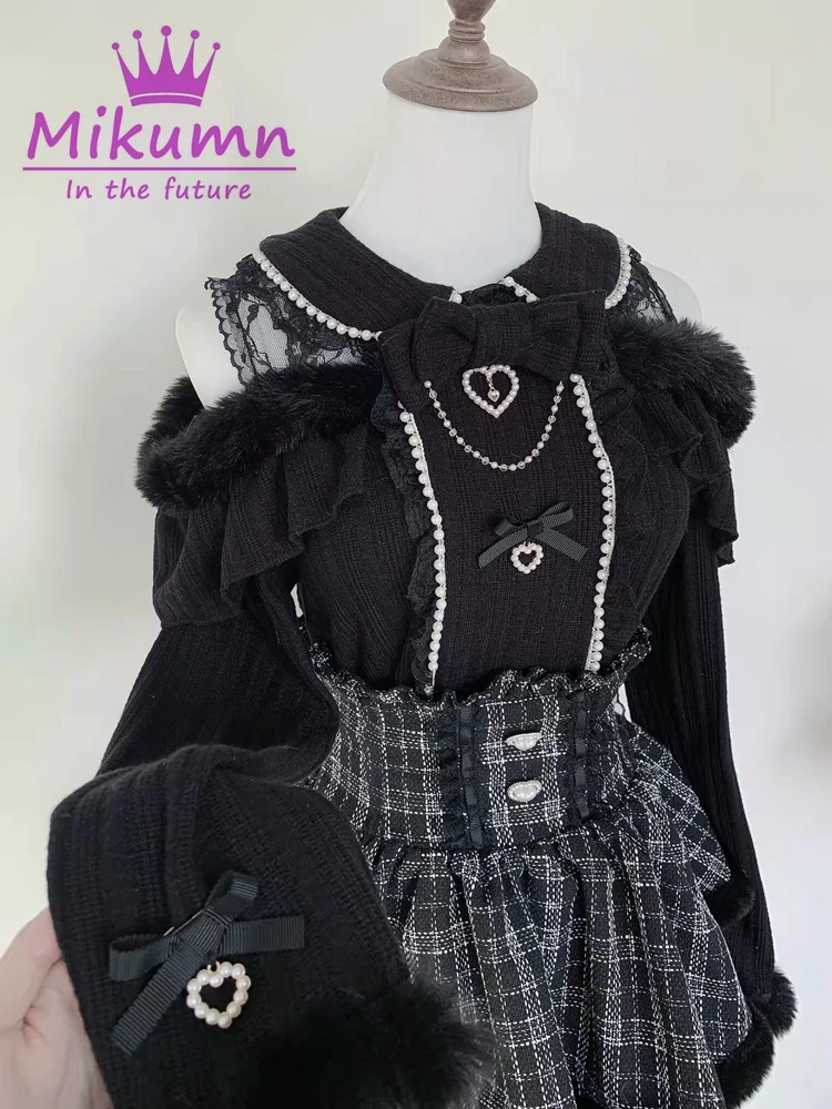 

Mikumn Japanese Style Girls Y2k Pearl Doll Collar Sweet Lolita Blouses Women Harajuku Lace Plush Ruffles Off Shoulder Shirts Top