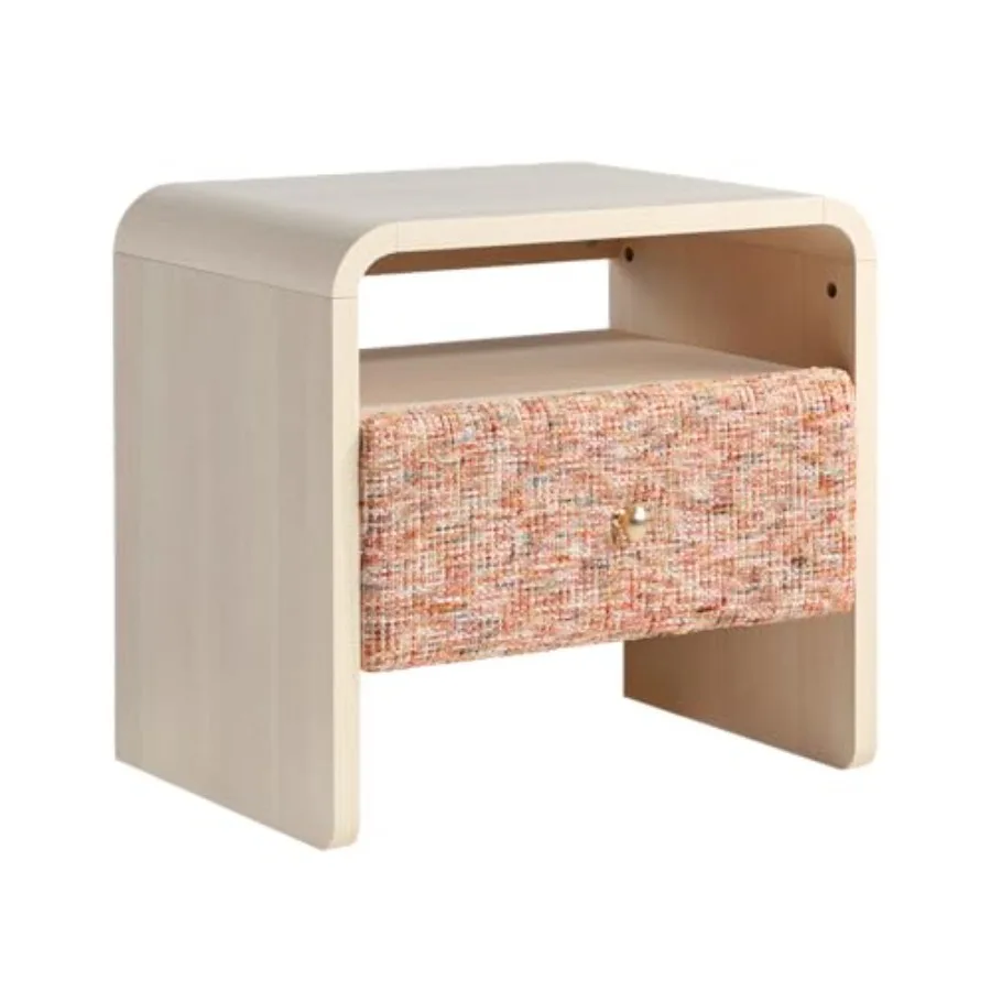 Dione Collection Curved Nightstand with Drawer and Open Shelf, Brushed Copper Handle, Organic Modern End Table for Bedroom, Liv