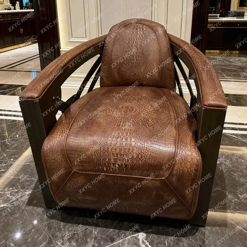 Q Discount Medieval solid wood sofa chair retro oil wax leather single sofa villa recliner leisure chair living room bar
