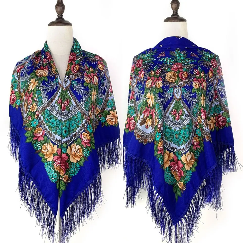 Luxury 130x130 cm Square Scarf Cotton Twill Floral Print Fringed Shawl with Tassel Vintage Ethnic Style Scarf Travel