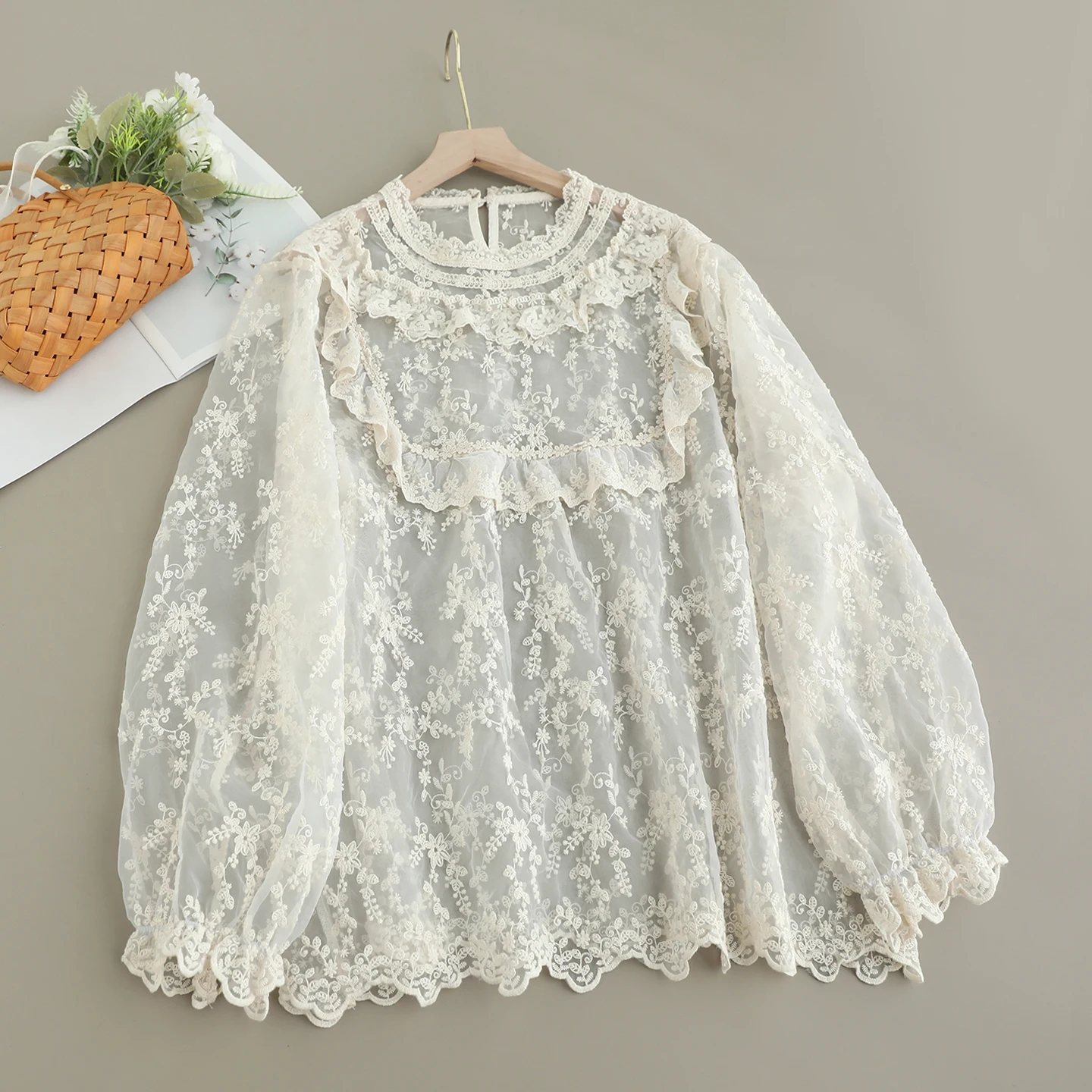 Japanese Sweet Mori Girl Lace Embroidery Organza Shirts Women Autumn Stand Collar Long Sleeve Casual Loose Pullover Blouse Tops