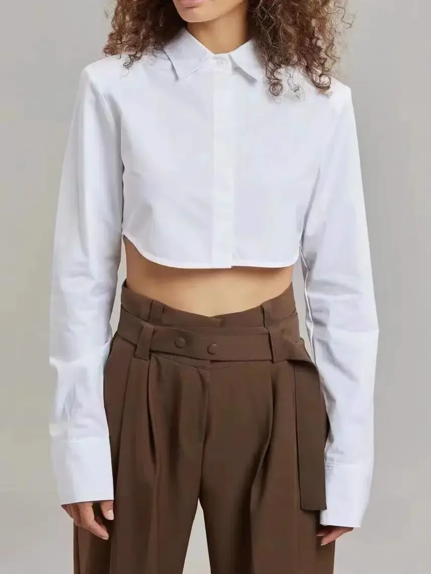 

Women Sexy Long-sleeved Short Shirt Temperament Tops Fashion Turn-Down Collar Crop Blouse Top Niche Design