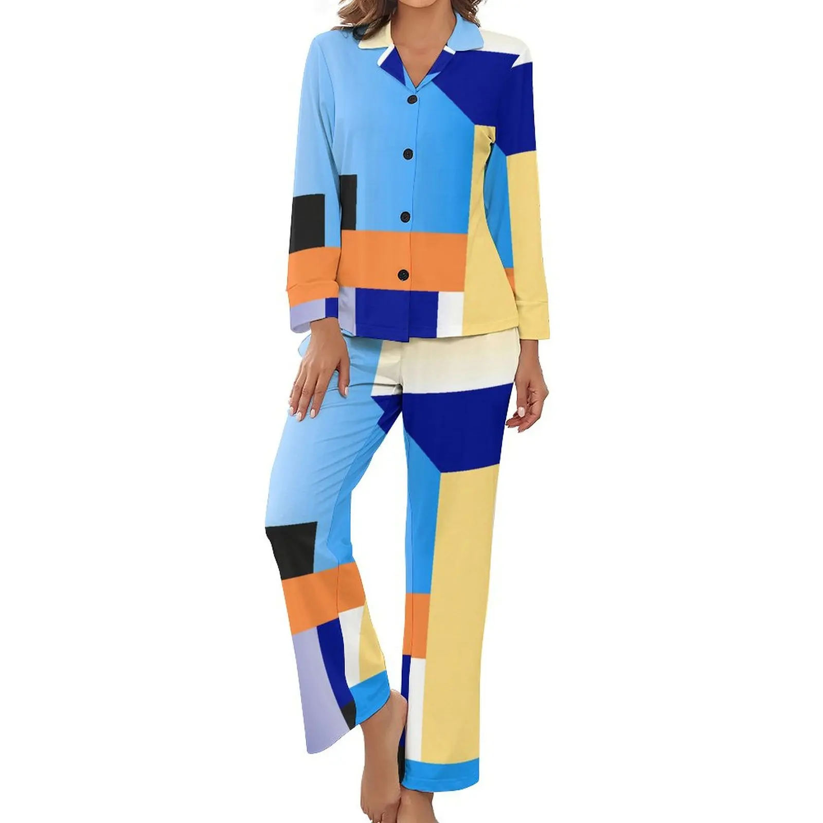 Vibrant Color Block Pajamas Abstract Geometric Night V Neck Sleepwear Women 2 Piece Custom Long-Sleeve Soft Pajamas Set