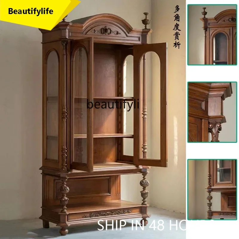 

53 Side cabinet against the wall Solid wood integrated living room French retro glass Medieval side cabinet American style