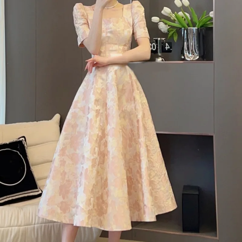 OCEANLOVE Pink Floral Long Dresses Puff Sleeve French Style Vintage Elegant Vestidos Mujer Spring Summer Sweet Women Dress