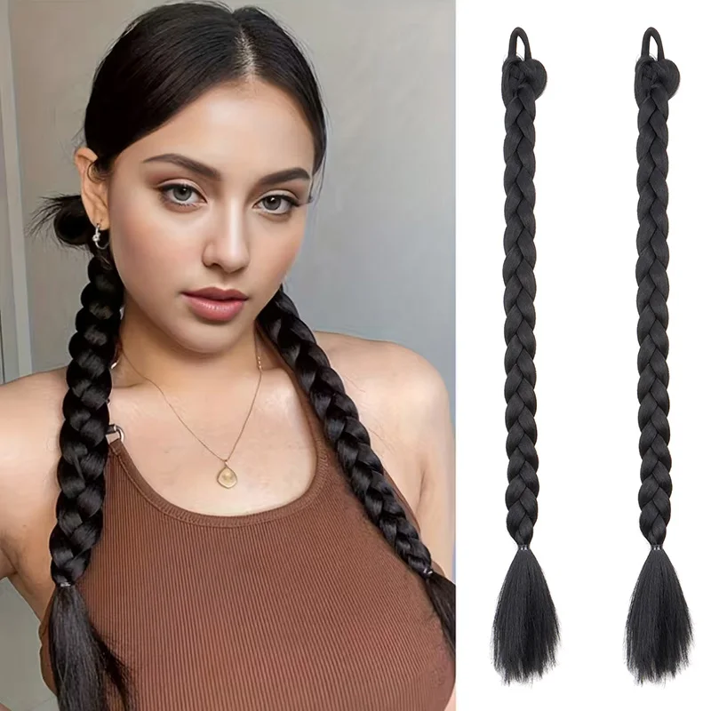 24Inch Synthetic 2pcs Long Straight Braided Ponytail Hair Extension Hand-Woven Elastic Headband Easy Wear for Women Daily Use