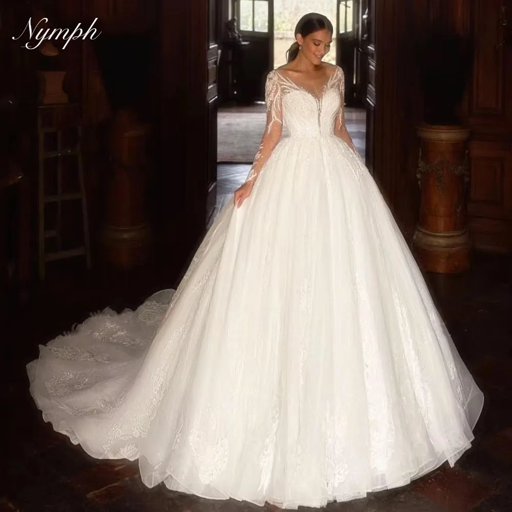

Блестящее свадебное платье трапециевидной формы с длинными рукавами Nymph по индивидуальному заказу, Robe de Mariée, расшитое бисером милое платье невесты, платье принцессы Vestido de Noiva