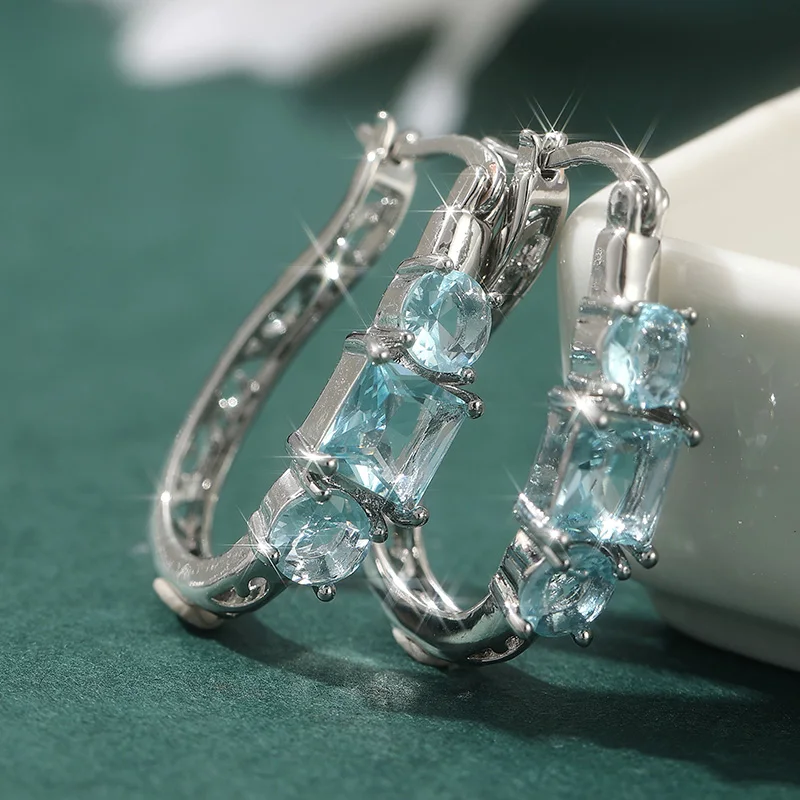 Luxury Dazzle Inlaid Blue Geometry Synthetic Zirconia Silvery Hoop Earrings for Women Fashion Charm Banquet Anniversary Jewelry