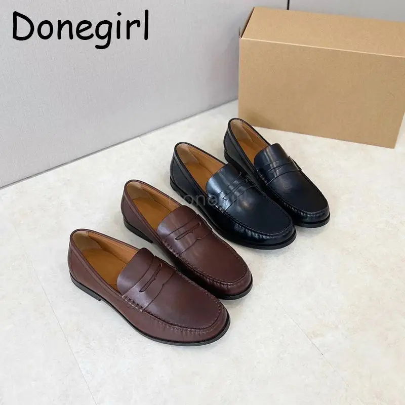 

Donegirl 2024 Spring New Men Fashion Genuine Leather Round Head British Style Loafers Flat Solid Commute Shoes Male Chic