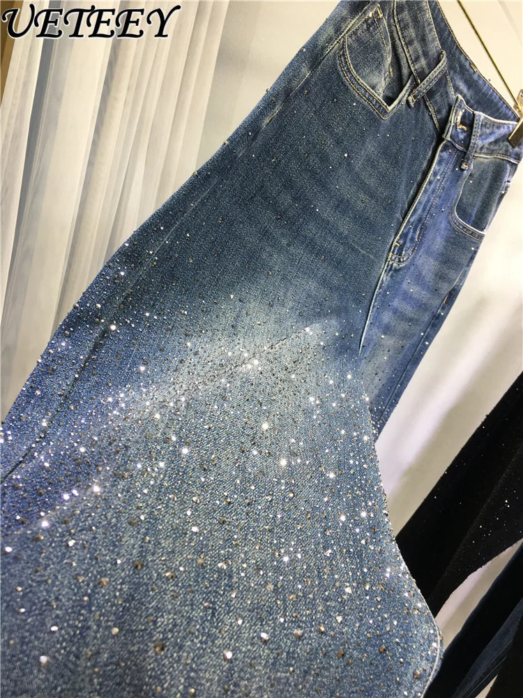 الخريف الشتاء الثقيلة حجر الراين الجينز للنساء عالية الخصر السراويل المستقيمة الراين ملابس خارجية السراويل الطويلة الدنيم