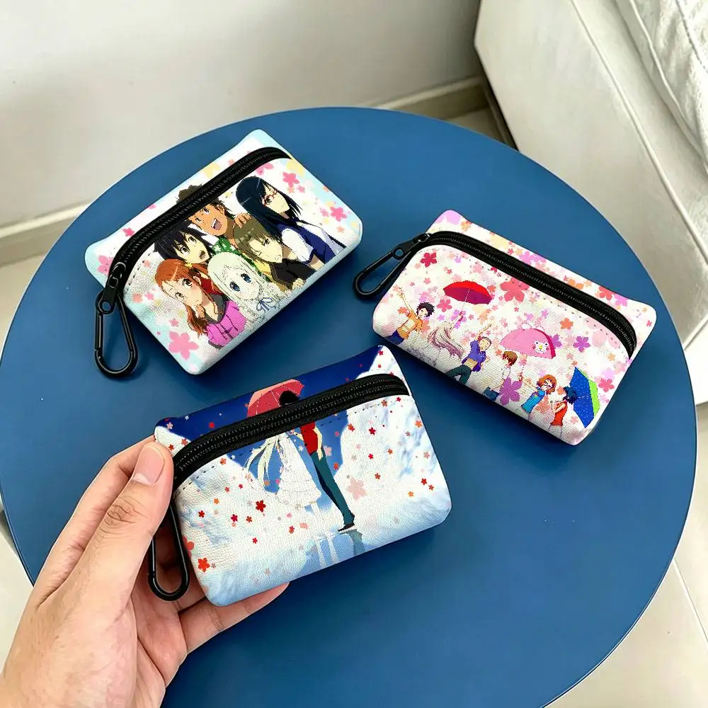 Anohana The Flower We Saw That Day Portable Oxford Fabric Mini Wallet Carabiner Design Small Coin Bag For Cards Keys Earphones