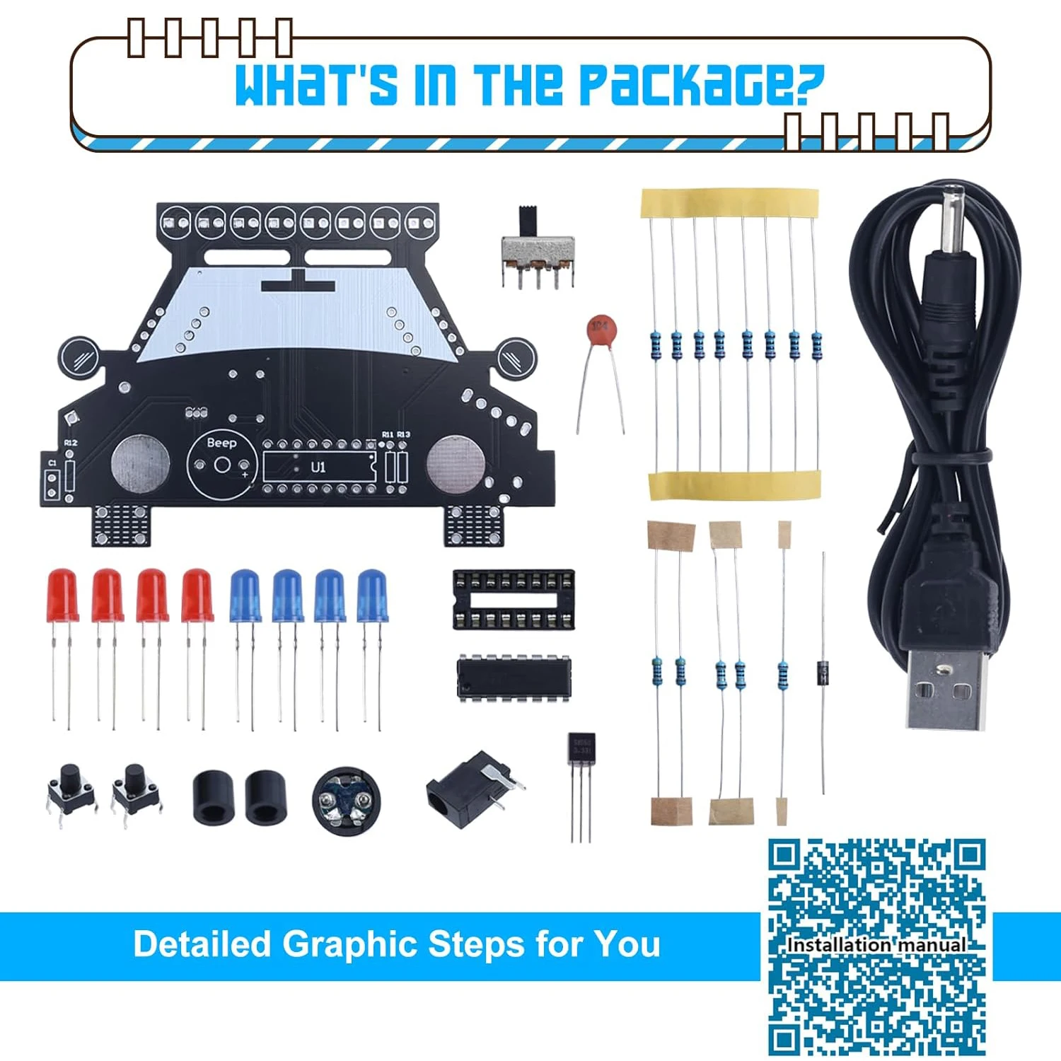 Soldering Practice kit DIY Electronic Car Kit Welding Project with 8 Red Blue LED 2 Flashing Speeds with Simulated Siren Sound