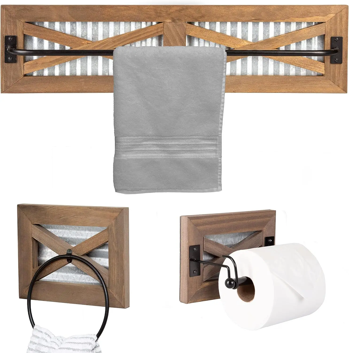 

Rustic Bathroom Set. Towel Bar, Paper Holder, Towel Ring. Wall-Mounted. Barnwood, Galvanized Backing, Black Metal Bar.