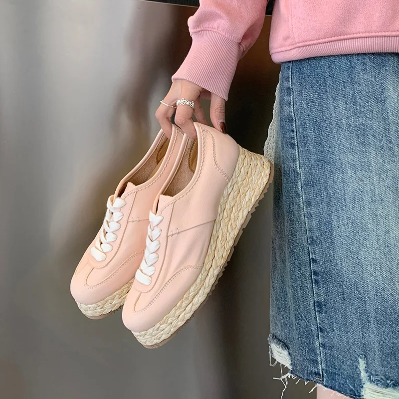 MKKHOU Fashion Casual Women's Shoes New High Quality Genuine Leather Thick soled Grass Woven Shoes Sports Style White Shoes
