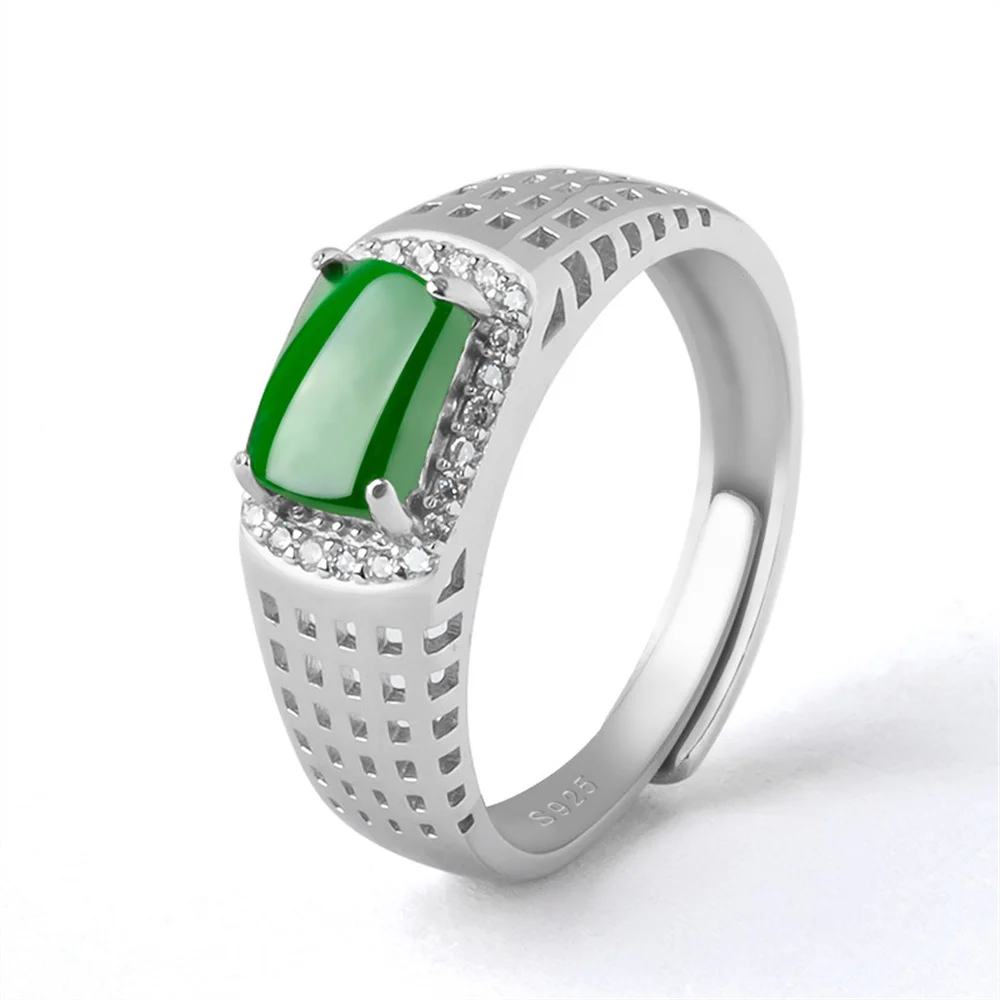 

925 Silver Natural Green Jadeite Rectangle Beads Finger Ring S925 Adjustable Certificate Bridal Luxury Jade Vintage Jewelry