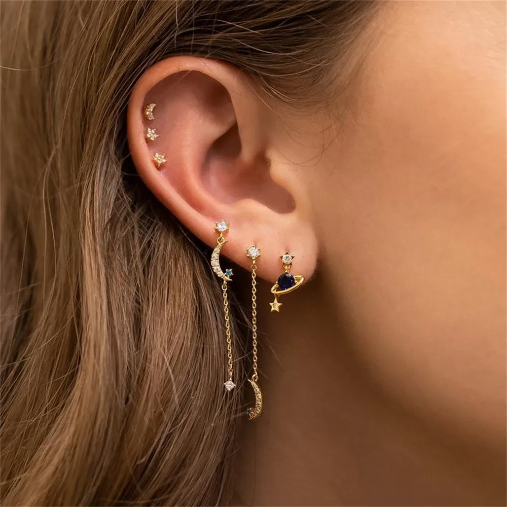 1set New Fashion Star moon 925 Silver Needle Earrings for Women Gold Color Tiny Crystal Stainless Steel Earring Piercing Jewelry