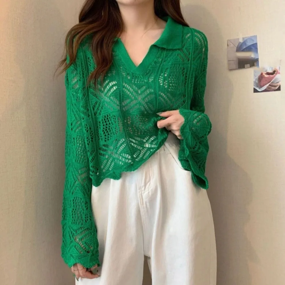 Fashion V-neck Hollow Out Knit T-shirt Loose Korean Style Crochet Knitwear Long Sleeve Beachwear Cover Up Crop Top Girl