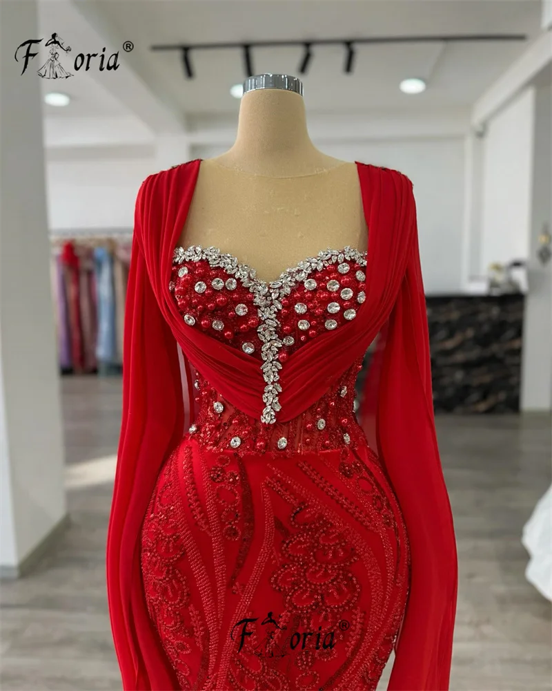 Modest Red Luxury Dubai Wedding Dress with Long Sleeve Major Beads Lace Mermaid Bridal Gown Customized Special Party Dress 2025