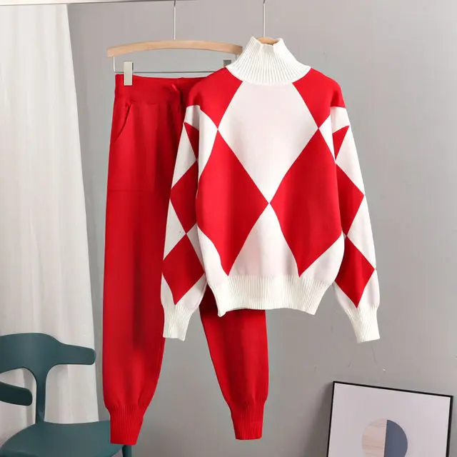 Autumn Winter Women\'s Tracksuit Half High Collar Argyle Print Sweater and Elastic Trousers Suits Knitted Two Piece Set T09