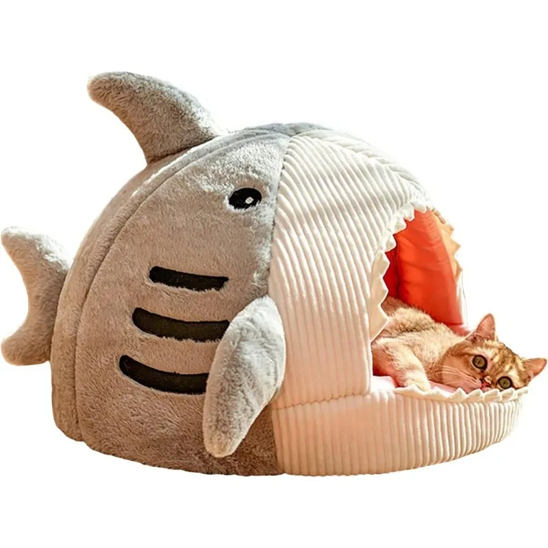 

Cat Mat Shark-Shaped Kennel Kitten Bed Hideout House Warm Soft Comfortable Semi-Closed Cat Dog Nest