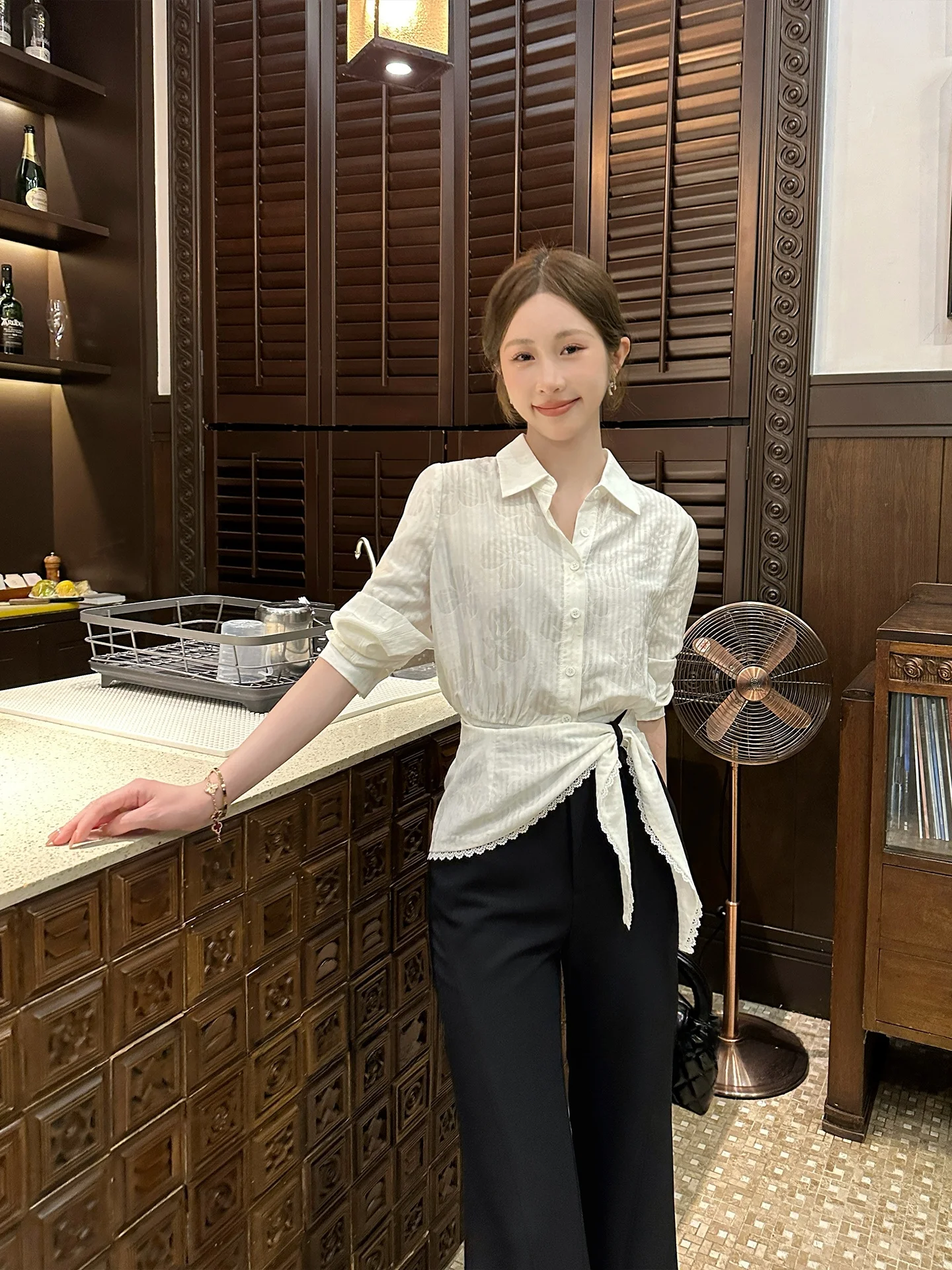 

Seoul Time Women's Simple Long Sve irt Waist Cinched Lazy Sle Spring New Arrival White irt Commute Sle Faion